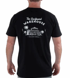 RETRO SURFBOARD WAREHOUSE T-SHIRT - BLACK -Ride The Board tsbw tshirt web ready4 e49bba7e d54a 4c8a 90e4 a98206eab074